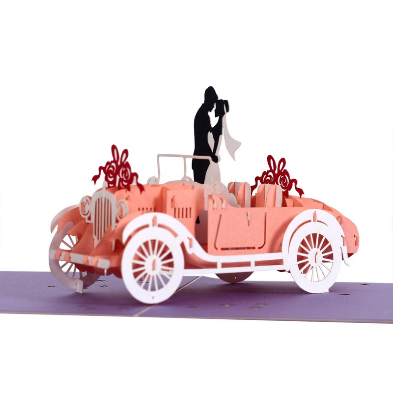 CUTE POPUP Wedding Car Pop Up Card, 3D Bride and Groom Driving Away, Handmade Anniversary Wedding Greeting Card for Couple Husband Wife, 6x8 inch, Premium Italy Paper - Image 1